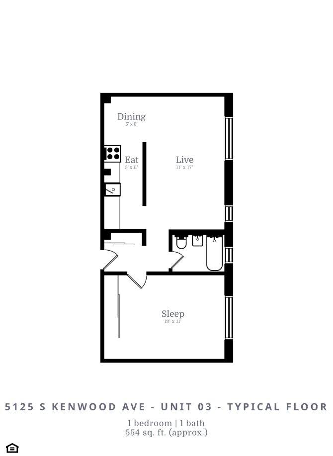 Floor plan for 1 bed, 1 bath, 554 sqft